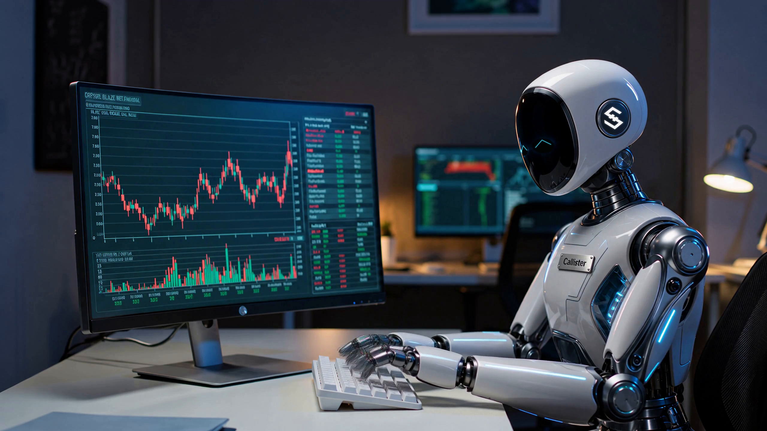 Illustration of a trading chart and LED robot at a desk